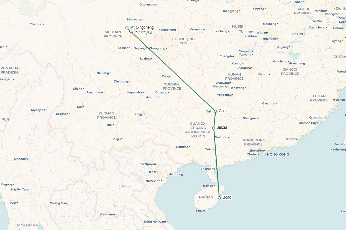 Chengdu to Boao · Daoist Forests Yao Baths & Med-Travel – 8 Days 7 Nights route map