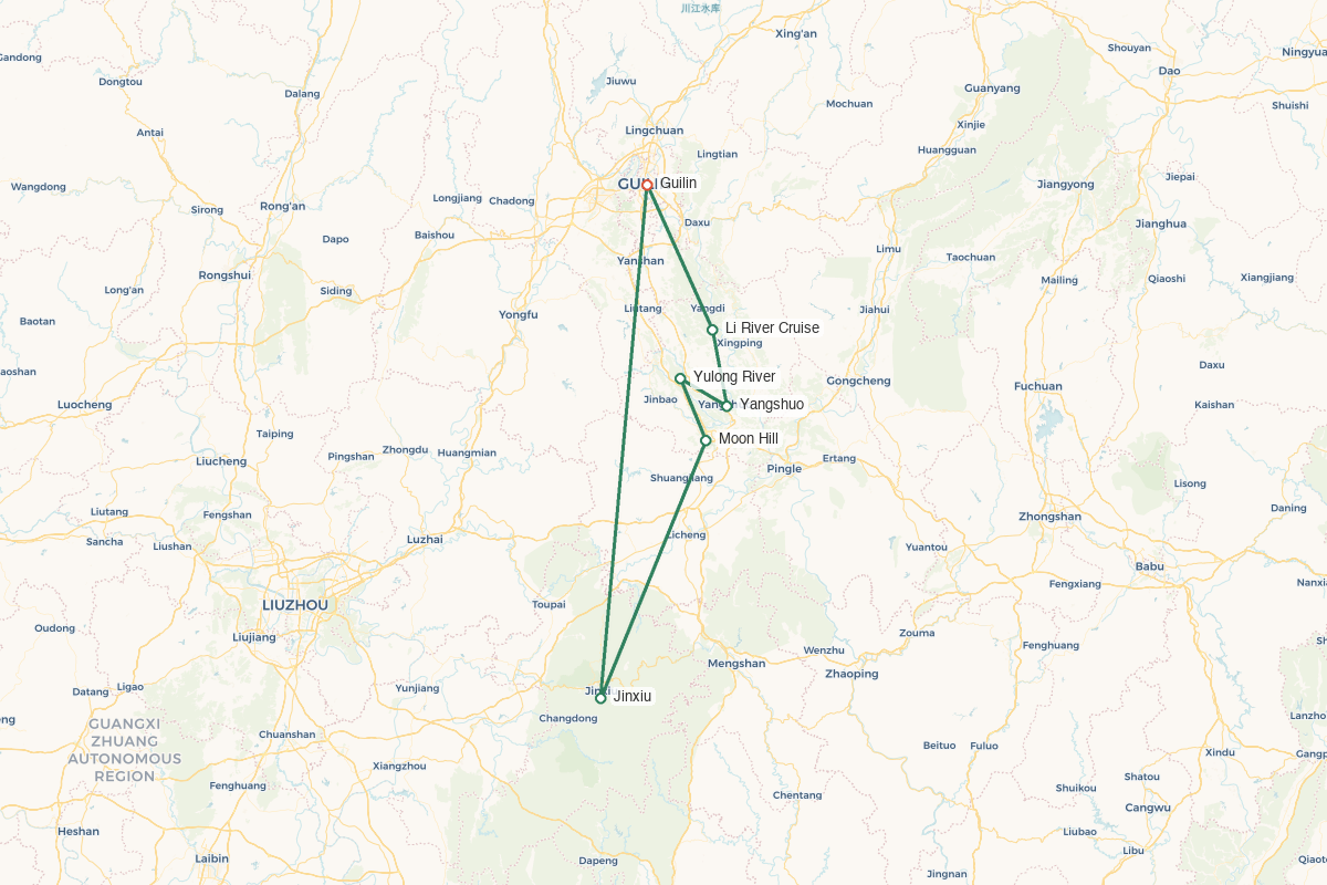 Guilin & Jinxiu · Karst Rivers & Yao Wellness – 7 Days 6 Nights route map