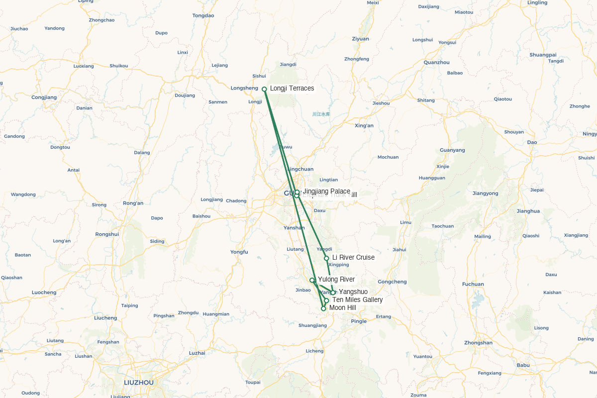 Guilin · Karst Rivers & Terrace Wellness – 5 Days 4 Nights route map