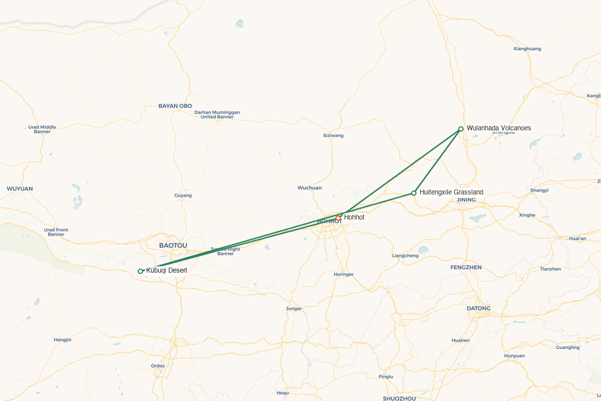 Inner Mongolia · Volcano Plains & Grassland Sands – 5 Days 4 Nights route map