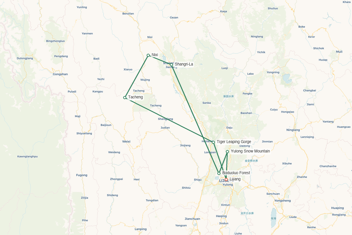Lijiang & Shangri-La · Snow Mountain & Tibetan Heritage – 6 Days 5 Nights route map
