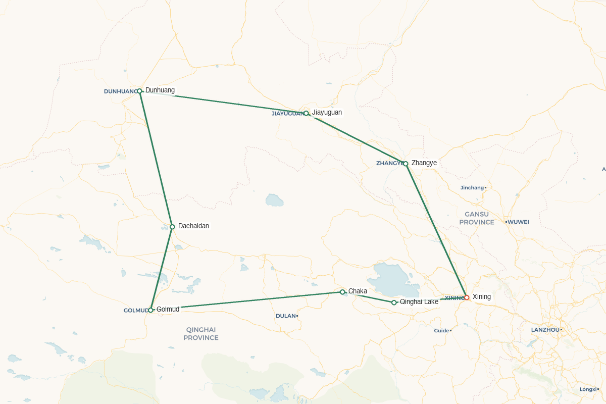 Qinghai & Gansu · Salt Lakes & Silk Road Traces – 8 Days 7 Nights route map
