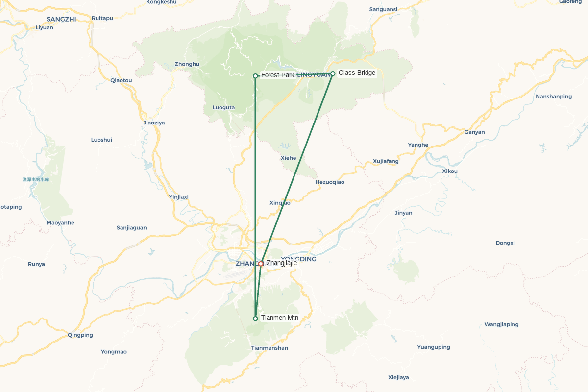 Zhangjiajie · Avatar Mountains & Tujia Heritage – 3 Days 2 Nights route map