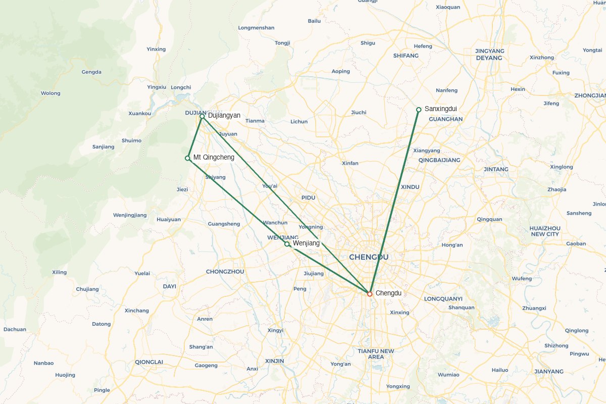 Chengdu · Pandas Taoist Mountains & Tibetan Craft – 7 Days 6 Nights Route Map Chengdu · Pandas Taoist Mountains & Tibetan Craft – 7 Days 6 Nights route map